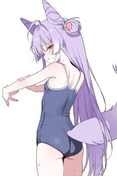 1girl :q absurdres ahoge ass blue_one-piece_swimsuit commentary_request cone_hair_bun cowboy_shot double_bun from_behind hair_bun hair_ornament hair_rings hand_on_own_arm hands_up highres korean_commentary looking_at_viewer looking_back multicolored_hair one-piece_swimsuit pom_pom_(clothes) pom_pom_hair_ornament purple_tail saho_4545 shoulder_blades simple_background solo standing stellive streaked_hair sweat swimsuit tenko_shibuki tongue tongue_out turning_head virtual_youtuber white_background yellow_eyes