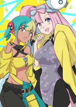 2girls aqua_hair bandeau black_mask black_shorts blonde_hair blue_eyes blue_hair bow-shaped_hair breasts canari_(pokemon) character_hair_ornament criss-cross_halter criss-cross_straps dark-skinned_female dark_skin grey_shirt hair_ornament halter_shirt halterneck hexagon_print highres iono_(pokemon) jacket lightning long_hair long_sleeves looking_at_viewer mask mask_pull medium_breasts mega_stone mochitaro_(mothitaroo) mouth_mask multicolored_hair multiple_girls navel nintendo open_clothes open_jacket open_mouth pants pink_hair pokemon pokemon_legends:_z-a pokemon_sv sharp_teeth shirt short_twintails shorts sleeves_past_fingers sleeves_past_wrists smile split-color_hair sports_bra stomach teeth twintails two-tone_hair two-tone_mask two-tone_pants yellow_bandeau yellow_jacket yellow_mask yellow_nails yellow_sports_bra