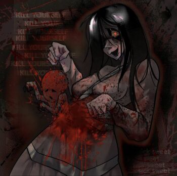 1girl 1other :3 black_hair blood blood_splatter body_horror breasts commentary creature cry_of_fear dress english_commentary english_text fetus guro hair_over_shoulder hand_up highres hole_in_chest hole_on_body horror_(theme) ksks_sweety long_hair looking_at_viewer open_mouth partially_shaded_face paw_pose pregnant red_eyes twisted_torso