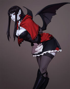 1girl apron arms_behind_back bat_wings black_boots black_choker black_corset black_hair black_skirt black_thighhighs black_wings boots breasts capelet choker colored_skin commentary corset earrings english_commentary feet_out_of_frame frilled_apron frilled_skirt frills grey_background grey_skin highres jewelry knee_boots lace lace-trimmed_capelet lace-trimmed_thighhighs lace_trim large_breasts leaning_forward long_hair long_pointy_ears long_sidelocks looking_at_viewer marie_(tarakanovich) open_mouth original pointy_ears red_capelet red_eyes sidelocks simple_background skirt solo standing tarakanovich thighhighs vampire waist_apron white_apron wings