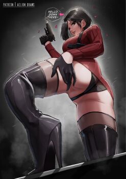 1girl ada_wong aelion_draws ass ass_focus between_labia black_gloves black_hair black_panties boots dress english_text from_below gloves grabbing_own_ass gun heart high_heel_boots high_heels highres holding holding_gun holding_weapon lace lace-trimmed_panties lace_trim looking_at_viewer panties resident_evil resident_evil_4 resident_evil_4_(remake) short_hair solo speech_bubble sweater sweater_dress thigh_boots thighhighs thighhighs_under_boots underwear weapon