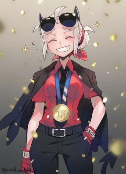 1girl ^_^ absurdres belt black_belt black_horns black_jacket black_necktie black_pants breasts closed_eyes commentary demon_girl demon_tail english_commentary eyewear_on_head fingerless_gloves gloves grin hand_in_pocket helltaker highres horns jacket jacket_on_shoulders justice_(helltaker) medal medium_breasts mixed-language_commentary necktie noah_(tettsui-sole) pants red_gloves red_shirt shirt short_sleeves smile solo sparkle standing sunglasses tail teeth twitter_username white_hair