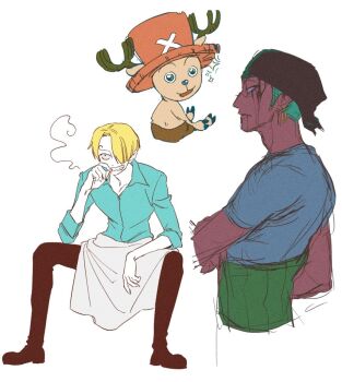 Rule 34 | 3boys, antlers, apron, bandana, black bandana, blonde hair, blue shirt, cigarette, collared shirt, cross, curly hair, green hair, haramaki, hat, hiems xii, highres, horns, male focus, multiple boys, one piece, pink hat, profile, reindeer antlers, roronoa zoro, sanji (one piece), shirt, short hair, sitting, sparkle, tony tony chopper, white apron