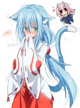 1girl 1other akatsuki_(ggsy7885) animal_ear_fluff animal_ears black_pants blue_boots blue_coat blue_hair blush boots cat_ears cat_tail chibi clothing_cutout coat commentary_request cosplay costume_switch covering_own_mouth cowboy_shot ears_down flying_sweatdrops fur-trimmed_sleeves fur_scarf fur_trim hakama hands_up heart highres hip_vent horns japanese_clothes kosode long_hair long_sleeves no_mouth nose_blush oni own_hands_together pants pink_hair red_eyes red_hakama red_kosode rimuru_tempest scarf shuna_(tensura) simple_background sleeves_past_fingers sleeves_past_wrists solo_focus spoken_blush straight_hair tail tensei_shitara_slime_datta_ken white_background white_kosode white_sleeves yellow_eyes yellow_scarf