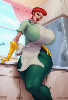 1girl apron artist_name barretxiii bimbofication breasts dexter&#039;s_laboratory gloves green_pants green_shirt huge_breasts indoors kitchen mom_(dexter&#039;s_laboratory) orange_hair pants patreon_username red_eyes red_lips shirt short_hair short_sleeves solo twitter_username watermark web_address white_apron yellow_gloves