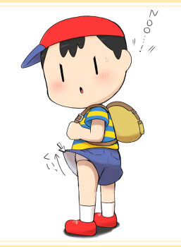 annoyed black_hair blush child embarrassed kasugai_(de-tteiu) male_focus mother_(series) mother_2 ness_(mother_2) nintendo shirt shoes shorts shota socks striped_clothes striped_shirt underwear white_underwear