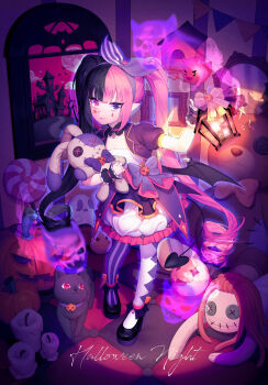 1girl absurdres apron asymmetrical_legwear bat_wings black_apron black_bow black_cat black_footwear black_hair black_pantyhose bow candle candy cat choker commentary_request contrapposto demon_girl demon_tail doll dress facial_tattoo food frilled_cuffs frilled_dress frills gem ghost hairband halloween highres holding holding_lamp house huge_filesize hugging_doll hugging_object indoors lace-trimmed_choker lace_trim lamp lemonpear lollipop looking_at_viewer low_wings md5_mismatch mirror mismatched_legwear original pantyhose pink_bow pink_choker pink_hair pointy_ears puffy_short_sleeves puffy_sleeves pumpkin purple_bow purple_eyes red_eyes resolution_mismatch short_sleeves shrug_(clothing) smile solo source_smaller star_(symbol) star_tattoo stuffed_animal stuffed_rabbit stuffed_toy swirl_lollipop tail tattoo teardrop_tattoo teddy_bear twintails white_dress white_pantyhose wings wrist_cuffs