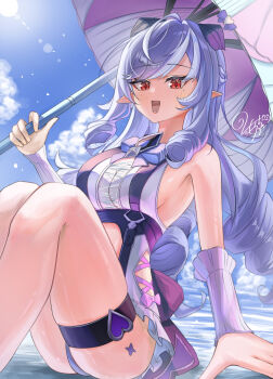 1girl bare_shoulders beach bow breasts clothing_cutout commentary_request drill_hair feet_out_of_frame gradient_background hair_bow highres holding holding_umbrella long_hair looking_at_viewer morocha1130 official_alternate_costume one-piece_swimsuit pointy_ears purple_hair purple_nails red_eyes sideboob sitting solo stomach_cutout swimsuit thigh_strap umbrella vivian_banshee vivian_banshee_(iris_of_the_shore) zenless_zone_zero