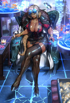 1girl absurdres au_ra breasts business_suit cleavage dark-skinned_female dark_skin drink evil_smile final_fantasy final_fantasy_xiv formal_clothes high_heels highres looking_at_viewer muscular muscular_female original qtime_702 short_hair smile suit sunglasses tail thighhighs white_hair