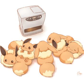 :3 animal_focus blush brown_eyes brown_fur closed_eyes closed_mouth commentary_request eevee full_body gen_1_pokemon heater highres lying mimix nintendo no_humans on_back on_stomach pokemon pokemon_(creature) pokemon_focus smile space_heater
