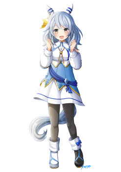 1girl absurdres animal_ears asymmetrical_footwear black_boots blue_dress blue_sash blush boots breasts brown_eyes commentary_request detached_sleeves dress ear_covers full_body grey_hair highres hishi_miracle_(miracle_make-up!)_(umamusume) hishi_miracle_(umamusume) horse_ears horse_girl horse_tail konsu_(konsu1182da) looking_at_viewer medium_hair mismatched_footwear open_mouth pantyhose sash simple_background smile solo tail umamusume white_background white_boots white_dress white_pantyhose