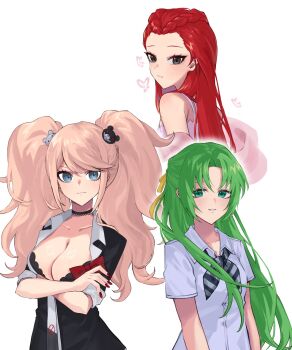 3girls ace_attorney bare_shoulders bear_hair_ornament black_eyes black_necktie black_shirt braid breasts cleavage collarbone copyright_request crossed_arms crossover dahlia_hawthorne danganronpa:_trigger_happy_havoc danganronpa_(series) enoshima_junko green_eyes green_hair grey_necktie hair_ornament heart highres higurashi_no_naku_koro_ni hy_(fjvlg) large_breasts long_hair multiple_crossover multiple_girls nail_polish neckerchief necktie parted_bangs red_hair red_nails shiny_skin shirt short_sleeves smile sonozaki_shion striped_neckerchief twintails upper_body white_shirt