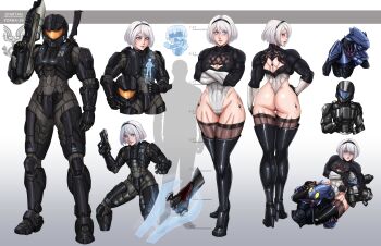 1boy 1girl 2b_(nier:automata) 9s_(nier:automata) abs absurdres armor asphyxiation ass assault_rifle back black_boots black_thighhighs blue_eyes blush boots charleian drakeposting_(meme) energy_sword gun halo_(game) height_chart helmet highres holding holding_gun holding_unworn_helmet holding_sword holding_weapon hologram leg_lock leotard meme mole mole_under_mouth muscular muscular_female nier:automata nier_(series) odst power_armor rifle sangheili spartan_(halo) strangling sword tall_female thick_thighs thigh_boots thighhighs thighhighs_under_boots thighs unworn_headwear unworn_helmet weapon white_hair wide_hips