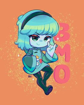 1girl adventure_time aqua_eyes aqua_hair aqua_skin black_hairband black_pantyhose bmo character_name chibi colored_skin freyjagc full_body hairband hand_up highres humanization long_sleeves orange_background pantyhose smile sparkle