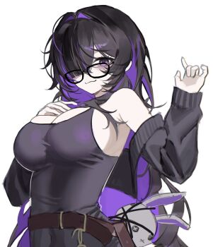 1girl black_hair black_sweater black_tank_top breasts cleavage colored_inner_hair dodosaae glasses goddess_of_victory:_nikke hashtag-only_commentary highres huge_breasts label_(nikke) long_hair looking_at_viewer multicolored_hair purple_eyes purple_hair simple_background solo sweater tank_top two-tone_hair very_long_hair white_background