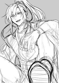 1boy ahoge alcohol aslle bishounen boots chinese_clothes commentary_request grey_background greyscale hair_between_eyes hair_ribbon hanfu high_ponytail highres holding_jug jug_(bottle) liquor long_hair long_sleeves looking_at_viewer male_focus modao_zushi monochrome open_mouth pants ponytail ribbon robe sash shoe_soles sidelocks simple_background sitting sketch smile solo wei_wuxian wide_sleeves