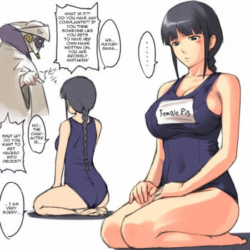 ... 00s 1boy 1girl anger_vein annotated barefoot black_eyes black_hair bleach blunt_bangs blush braid breasts haori hard-translated japanese_clothes kneeling kurotsuchi_mayuri kurotsuchi_nemu large_breasts long_hair matching_hair/eyes mosha name_tag one-piece_swimsuit pointing school_swimsuit seiza sequential sidelocks single_braid sitting speech_bubble spoken_ellipsis swimsuit taichou_haori third-party_edit translated