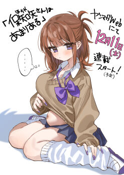 ... 1girl absurdres belly blue_skirt bow breasts brown_cardigan cardigan clothes_lift collared_shirt comiket_106 commentary_request gyaru highres hochiya_kiwai loose_socks medium_breasts misekiss navel original purple_bow purple_eyes purple_nails purple_shoes school_uniform shirt shirt_lift shoes simple_background skirt socks solo thighs tonari_no_seki_no_mukuchi_gyaru_ni_edzuke_shitara translation_request white_background