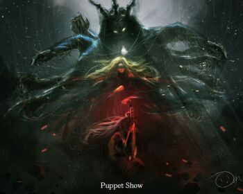 1girl 1other artskiddy69 blindfold blonde_hair caption cassie_(shadow_slave) character_request check_character creature english_text extra_arms fire floating full_body glowing glowing_eyes light_particles light_rays long_hair outstretched_arms planted planted_sword planted_weapon serious shadow_slave sunny_(shadow_slave) sword very_long_hair weapon