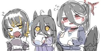 3girls black_hair black_jacket black_skirt black_wings blonde_hair blue_archive blue_jacket breasts chibi commentary_request crossover feathered_wings flying_sweatdrops gym_shirt hair_between_eyes halo hasumi_(blue_archive) hasumi_(track)_(blue_archive) idolmaster idolmaster_shiny_colors ikaruga_luca jacket kawamochi_(kawauti919) large_breasts long_hair manhattan_cafe_(umamusume) multicolored_hair multiple_crossover multiple_girls navel open_mouth pleated_skirt ponytail purple_shirt purple_skirt red_eyes school_uniform shirt simple_background sketch skirt streaked_hair tracen_school_uniform track_jacket umamusume v-shaped_eyebrows very_long_hair wavy_mouth white_background white_shirt wings yellow_eyes