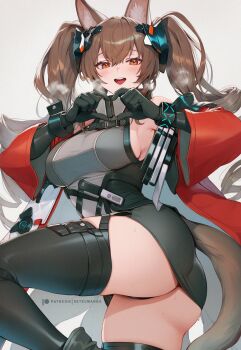 Rule 34 | 1girl, angelina (arknights), animal ears, arknights, arknights: endfield, ass, bare shoulders, blush, breasts, brown hair, detached sleeves, dress, fox ears, gilberta (arknights), gloves, large breasts, long hair, looking at viewer, open mouth, red eyes, setsumanga, short dress, smile, solo, sweat, tail, thick thighs, thighhighs, thighs, twintails, very long hair