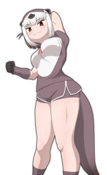 1girl :3 absurdres animal_ears bike_shorts bike_shorts_under_shorts blush bow bowtie brown_eyes brown_gloves brown_hair brown_shirt brown_shorts brown_socks dolphin_shorts gloves hair_between_eyes highres kemono_friends looking_at_viewer multicolored_hair north_american_river_otter_(kemono_friends) otter_ears otter_girl otter_tail red_bow red_bowtie rest_in_muni shirt short_hair short_sleeves shorts sidelocks socks solo t-shirt tail two-tone_hair two-tone_shirt white_hair white_shirt