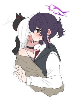 2girls absurdres black_choker black_vest blue_archive blush brown_eyes brown_shirt choker collared_shirt ear_blush halo haruka_(blue_archive) highres horns hug ichishirokun kayoko_(blue_archive) multiple_girls necktie off_shoulder ponytail purple_hair red_necktie shirt simple_background sweat trembling vest white_background white_hair white_shirt yuri