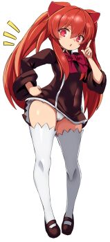 1girl aloe_(quiz_magic_academy) animal_ears black_dress black_shoes bow bowtie breasts commentary_request covered_navel dress full_body hair_between_eyes highres karukan_(monjya) long_hair long_sleeves looking_at_viewer mary_janes notice_lines open_mouth panties pantyshot quiz_magic_academy red_bow red_bowtie red_eyes red_hair shoes sidelocks simple_background small_breasts solo standing tachi-e thighhighs twintails underwear white_background white_panties white_thighhighs wide_sleeves