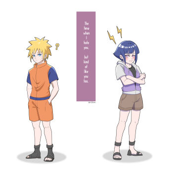 1boy 1girl 49enna ? aged_down blue_hair commentary english_commentary facial_mark hands_in_pockets highres hood hoodie hyuuga_hinata jacket namikaze_menma naruto:_road_to_ninja naruto_(classic) naruto_(series) naruto_shippuuden open-toe_shoes orange_jacket orange_shorts pink_eyes pout sandals short-sleeved_jacket short_hair short_sleeves shorts sidelocks twitter_username uzumaki_naruto whisker_markings