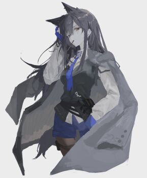 1girl animal_ear_fluff animal_ear_piercing animal_ears arknights black_hair black_pantyhose black_vest blue_gloves blue_necktie blue_shorts breasts brown_eyes coat coat_on_shoulders collared_shirt cowboy_shot cropped_legs ear_piercing extra_ears fingerless_gloves food food_in_mouth gloves grey_background hand_in_own_hair hand_up highres hinanagimama1 jacket jacket_on_shoulders long_hair long_sleeves looking_at_viewer medium_breasts mouth_hold necktie official_alternate_costume one_eye_closed pantyhose pantyhose_under_shorts piercing pocky pocky_in_mouth pouch shirt shorts sidelocks simple_background solo tail texas_(arknights) texas_the_omertosa_(arknights) thigh_pouch thigh_strap vest white_background white_shirt wolf_ears wolf_girl wolf_tail