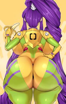 Rule 34 | 1girl, ass, backboob, banana, bodysuit, breasts, eiken, food, fruit, hand on own hip, high ponytail, huge ass, huge breasts, long hair, long sidelocks, mecha pilot suit, misono kirika, multicolored bodysuit, neon genesis evangelion, pentakky-sugoi, plugsuit (evangelion), ponytail, purple hair, sidelocks, skin tight, solo, thick thighs, thighs, very long hair, wide hips