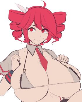 1girl ahoge alternate_breast_size_(larger) bikini breasts closed_mouth commentary detached_collar detached_sleeves drill_hair ferdinandusdart grey_bikini hands_up highres huge_breasts kasane_teto looking_at_viewer micro_bikini necktie red_eyes red_hair red_necktie short_hair short_sleeves simple_background sketch skindentation smile solo swept_bangs swimsuit twin_drills unfinished upper_body utau white_background
