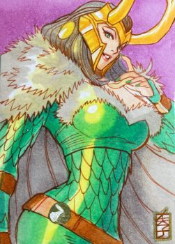 1girl acecore2k alternate_form bodysuit cape commentary english_commentary eyeshadow fake_horns fur-trimmed_bodysuit fur_cape green_bodysuit green_eyes green_nails grey_hair hair_ornament highres horned_headwear horns lady_loki loki_(marvel) long_hair looking_at_viewer looking_down makeup marker_(medium) marvel mixed_media pen_(medium) pink_lips purple_background purple_eyeshadow scale_print smile solo thor_(marvel)_(series) traditional_media upper_body white_cape