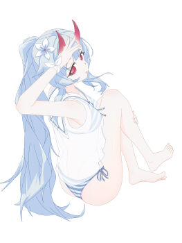 1girl absurdres barefoot blue_archive blue_hair chise_(blue_archive) chise_(swimsuit)_(blue_archive) feet highres horns liangzhu_chuan long_hair looking_at_viewer parted_lips ponytail red_eyes soles swimsuit toes