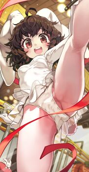 1girl :d absurdres ahoge alternate_costume animal_ears arm_support blurry blurry_background blush breasts brown_hair commentary_request dot_nose dress floppy_ears foreshortening frills from_below gloves happy highres inaba_mob_(touhou) inaba_tewi indoors leg_up looking_at_viewer medium_breasts melaton messy_hair open_mouth panties pantyshot rabbit_ears red_eyes red_ribbon ribbon round_teeth smile solo teeth touhou underwear upper_teeth_only upskirt wavy_hair white_dress white_gloves white_panties