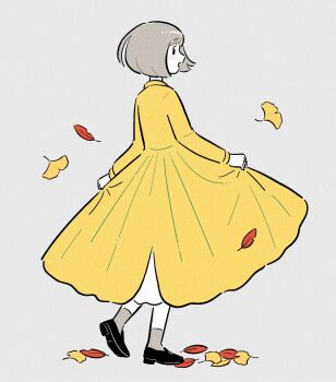 1girl autumn_leaves black_eyes black_shoes blush bob_cut colored_skin commentary dress falling_leaves from_behind full_body gesooo_4 ginkgo_leaf grey_hair grey_socks highres leaf loafers long_sleeves looking_at_viewer looking_back original shoes short_hair simple_background socks solo standing white_skin yellow_dress
