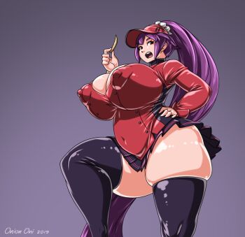 1girl 2019 aeshleigh alternate_breast_size_(larger) arm_up artist_name black_skirt black_thighhighs breasts cleavage commentary covered_erect_nipples covered_navel dated english_commentary female_focus food french_fries gradient_background hand_on_own_hip hat holding holding_food huge_breasts i_love_you,_colonel_sanders! just_tenth kfc long_hair looking_at_viewer miniskirt open_mouth plated_skirt plump ponytail purple_background purple_hair red_eyes red_hat red_shirt shiny_skin shirt sideways_glance simple_background skindentation skirt solo teeth thick_thighs thighhighs thighs upper_teeth_only very_long_hair visor_cap