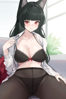 1girl absurdres animal_ears black_bra black_panties black_pantyhose blush bra breasts commentary commission fox_ears fox_girl highres hoshimi_miyabi indoors large_breasts looking_at_viewer open_clothes open_shirt panties panties_under_pantyhose pantyhose pynkmouth red_eyes shirt sitting underwear white_shirt zenless_zone_zero