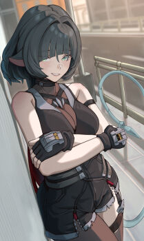 1girl absurdres against_wall animal_ears bare_shoulders black_gloves black_shorts blue_eyes breasts brown_pantyhose brown_thighhighs collarbone commentary commentary_request cowboy_shot crossed_arms english_commentary fingerless_gloves fujiwara_yumeko_(fuji_yumeko1) garter_straps gloves high-waist_shorts highres jane_doe_(zenless_zone_zero) large_breasts long_hair mixed-language_commentary mouse_ears mouse_girl mouse_tail multicolored_hair no_jacket pantyhose red_hair sharp_tail shorts single_garter_strap single_leg_pantyhose single_thighhigh solo tail thighhighs zenless_zone_zero