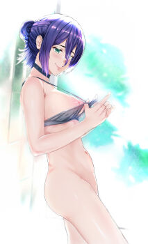 1girl absurdres bottomless bra bra_pull breasts chainsaw_man closed_mouth clothes_pull cyansan green_eyes grey_bra hair_between_eyes hair_bun highres medium_breasts navel nipples pulling_own_clothes purple_hair reze_(chainsaw_man) smile solo underwear