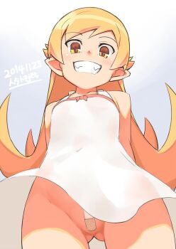 1girl arms_behind_back bad_id bad_twitter_id bandaid bandaid_on_pussy bare_shoulders blonde_hair blush collarbone dress fangs female_focus femdom from_below gluteal_fold grin jingai_modoki loli lolidom long_hair looking_down monogatari_(series) no_panties oshino_shinobu pointy_ears smile solo sundress upskirt very_long_hair white_dress wind wind_lift yellow_eyes