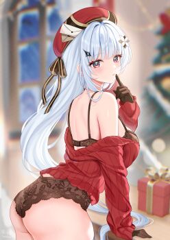 1girl absurdres armpit_crease ass back bare_shoulders bibixart blurry blurry_background bra breasts brown_bra brown_gloves brown_panties christmas_tree cowboy_shot envelope finger_to_mouth freesia_(stella_sora) freesia_(the_gift_of_falling_snow)_(stella_sora) from_side gloves hair_ornament hairclip hat highres lace_trim long_hair long_sleeves looking_at_viewer looking_to_the_side medium_breasts no_pants off_shoulder official_alternate_costume panties parted_lips red_eyes red_hat red_sweater ribbed_sweater solo stella_sora string_bra sweater underwear very_long_hair white_hair