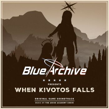 album_cover_redraw azusa_(blue_archive) blue_archive brown_background commentary copyright_name derivative_work english_commentary english_text far_cry far_cry_5 halo hanstno logo mountain parody saori_(blue_archive) silhouette star_(symbol) tagme tree