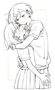 2girls ahoge arm_around_shoulder blush closed_mouth commentary cowboy_shot futsuu_no_keion-bu hair_ornament hairpin hand_on_another&#039;s_back hatono_chihiro height_difference highres hug kouyama_rin lineart multiple_girls neck_ribbon open_mouth parted_bangs pixie_cut pleated_skirt ribbon rra_(yj) school_uniform shirt_tucked_in short_hair skirt smile spot_color summer_uniform sweater_vest yuri