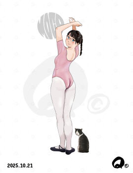1girl arms_up artist_logo ass athletic_leotard ballet_slippers black_eyes black_hair black_shoes braid breasts cat commentary_request dated from_behind full_body glasses leotard logo looking_at_viewer looking_back original pantyhose pink_leotard q98780409 shoes short_sleeves single_braid sleeved_leotard small_breasts solo white_background white_pantyhose