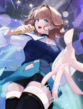 1girl black_choker black_shorts black_thighhighs blue_eyes blue_shirt blue_skirt blunt_bangs breasts brown_hair character_request choker commission copyright_request cowboy_shot earrings edge_ill heart heart_choker highres holding holding_microphone jewelry large_breasts looking_at_viewer microphone music open_mouth reaching reaching_towards_viewer shirt short_hair short_shorts shorts singing skeb_commission skirt smile solo thighhighs
