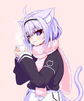 1girl ahoge animal_ear_fluff animal_ears black_headband black_shirt cat_ears cat_girl cat_tail closed_mouth cup headband highres holding holding_cup hololive kajimakoto looking_at_viewer medium_hair nekomata_okayu nekomata_okayu_(school_uniform) official_alternate_costume pants pink_background pink_scarf purple_eyes purple_hair scarf shirt smile solo tail virtual_youtuber white_pants