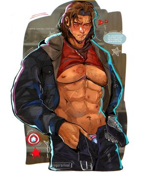 1boy abs artist_name belt bite_mark_on_pectorals black_belt black_jacket black_pants blurry blurry_background blush brown_hair bucky_barnes captain_america:_civil_war captain_america_(series) chest_hair closed_eyes clothes_pull commentary cowboy_shot dressing english_commentary english_text facial_hair heart hickey implied_after_sex implied_yaoi jacket male_focus marvel medium_hair muscular muscular_male navel nipples pants parted_lips prosthesis prosthetic_arm red_shirt rogersrival scar scar_on_chest scar_on_stomach shirt shirt_pull solo speech_bubble stomach_hair stubble sweat underwear