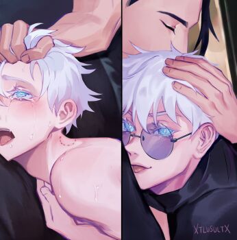 2boys absurdres artist_name bite_mark bite_mark_on_neck black_hair blue_eyes crying eyelashes getou_suguru gojou_satoru grabbing_another&#039;s_hair highres holding_another&#039;s_hair hug jujutsu_kaisen looking_at_viewer male_focus meme multiple_boys nude open_mouth round_eyewear short_hair sometimes_like_this/also_like_that_(meme) sweat tears teeth tongue tongue_out upper_teeth_only white_hair xtlusart yaoi