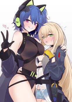 Rule 34 | 2girls, absurdres, alternate costume, animal ear headphones, animal ears, bikini, black bikini, blonde hair, blue hair, blush, cosplay, costume switch, cowboy shot, fake animal ears, girls' frontline, gloves, green eyes, headphones, highres, hug, k11 (girls' frontline), leotard, multiple girls, ohichi16, one side up, open clothes, purple eyes, see-through clothes, shirt, short shorts, shorts, side ponytail, swimsuit, tmp (girls' frontline), v, white shirt